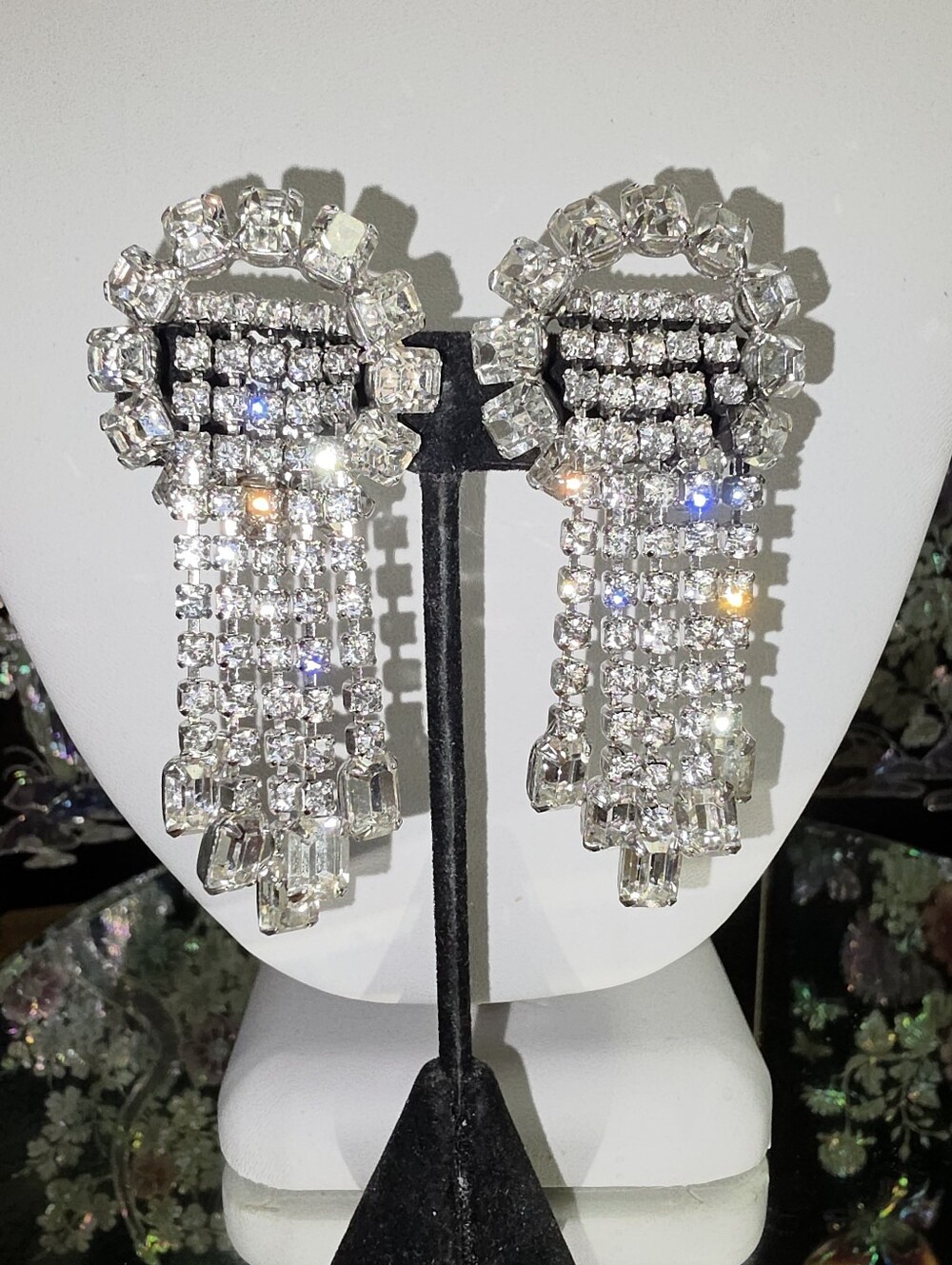 Vintage 1950s Clear Rhinestone Waterfall Fringe Clip Earrings